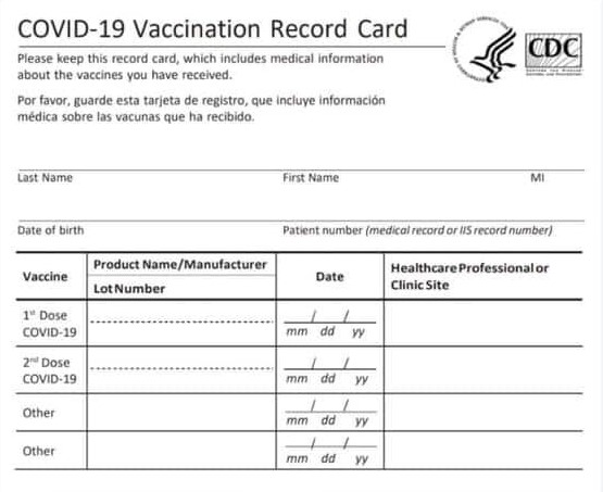 A CDC vaccine card, widely issued in the United States to patients when they receive a COVID-19 vaccination.